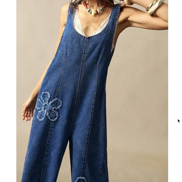 Boho Dark Wash Floral Patchwork Wide leg Denim Bib Overalls Jumpsuit - Picture 3 of 6